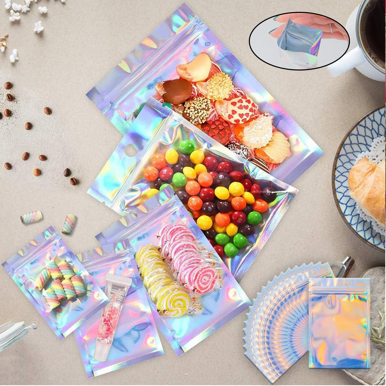 Food Storage In Mylar Bags - Açılıp Kapanabilir Holografik Gökkuşağı Mylar Çanta